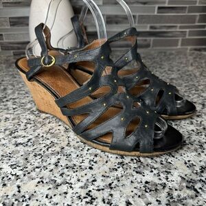 Clarks | Gladiator Black Gold Studded Ankle Strap Cork Wedge Sandal Size 11